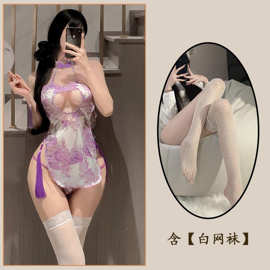 Sex Underwear Purple Charm Sexy Hollow Classical Cheongsam Hip-wrapped Milk Suspender Pajamas Nightdress Set