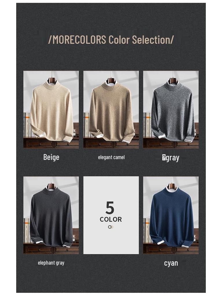 Men's 100% Pure Cashmere Half-High Collar Knit Sweater - Business Casual Long Sleeve Pullover