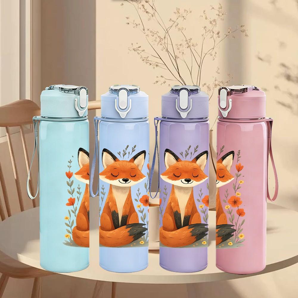 1PC Floral Fox Portrait Art 750ml Color Plastic Sports Water Bottle Leakproof Flip Straw Lid Suitable for Sports Office Home Use
