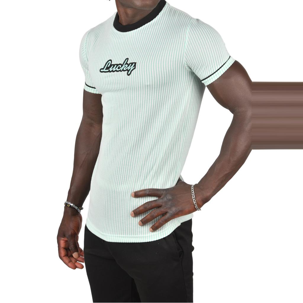 DeepSEA Slim Fit Lycra Striped Collar and Striped Sleeves Lucky Text T-Shirt 2403201