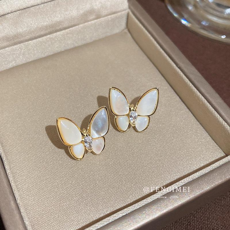 Silver Needle Mother-of-pearl Zircon Butterfly Earrings Sweet and Fashionable Temperament Earrings All-match Earrings