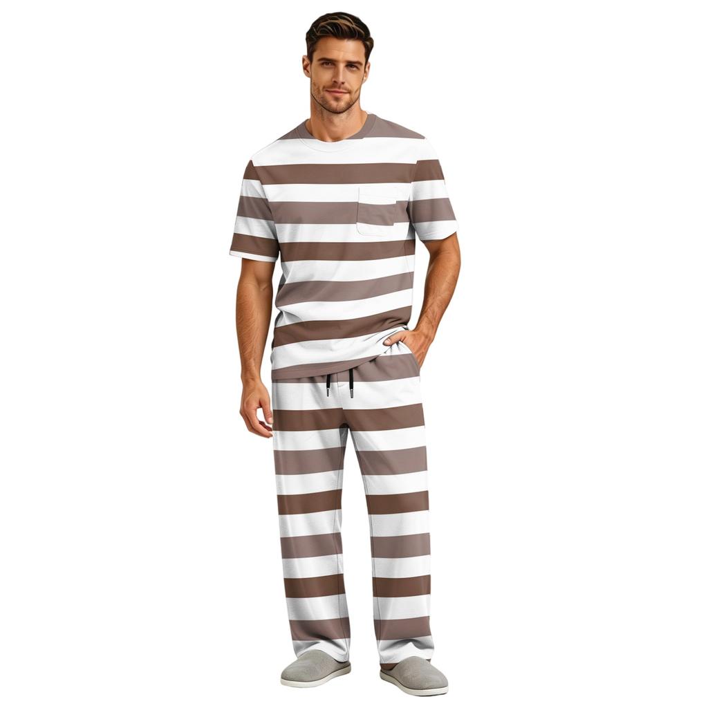 Men's Short Sleeve Pajama Set with Long Pants, Button Crotch, Elastic Waist Drawstring - Comfortable Sleepwear