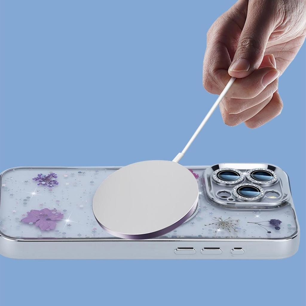 For iPhone 16 Pro Max Magnetic Case PC+TPU Epoxy Real Dried Flower Phone Cover