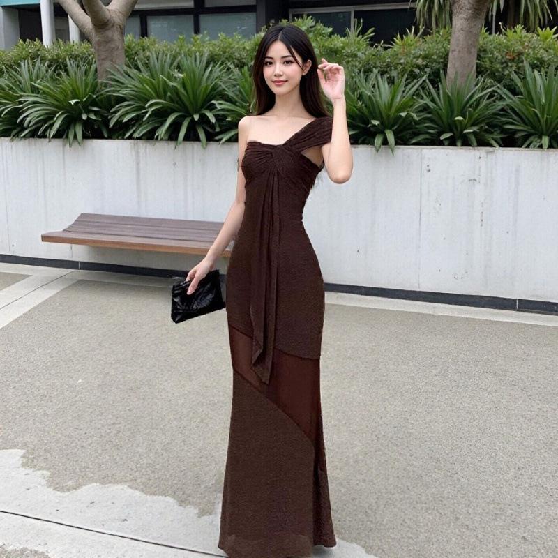 Sexy Spice Girl Style Suspender Mesh Dress Femininity Off Shoulder Waist Skinny Hips Long Skirt Night Dress