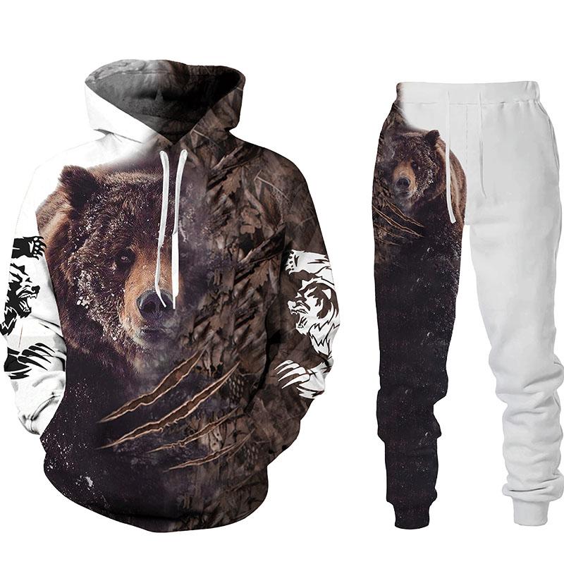 Herren Hoodie Sets Jagd Bär Bogenschütze Tarnung 3D-Druck Hoodies Trainingsanzug Jogginghose 2-teilige Sets Kleidung Übergroß