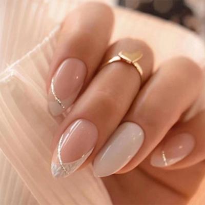 24 peças simples, suaves e doces, amêndoa unha oblíqua comprimidos de manicure francesa flash pó vento unhas falsas desgaste unha