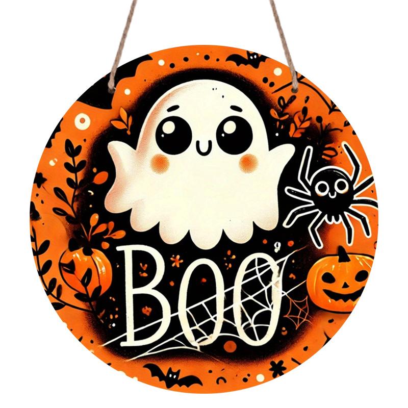 2D Flat, 1pc Halloween Ghost Aluminum Ornament, Circular Wall Craft, Suitable for Wreath Center, Wall And Room Decor - Durable, Easy-To-Clean Holiday