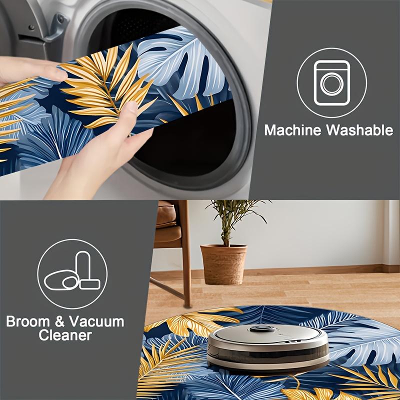 Crystal velvet carpetTropical Plant Pattern Round Mat - Soft Flannel Non-Slip Machine Washable Mat with Navy Blue & Golden Palm