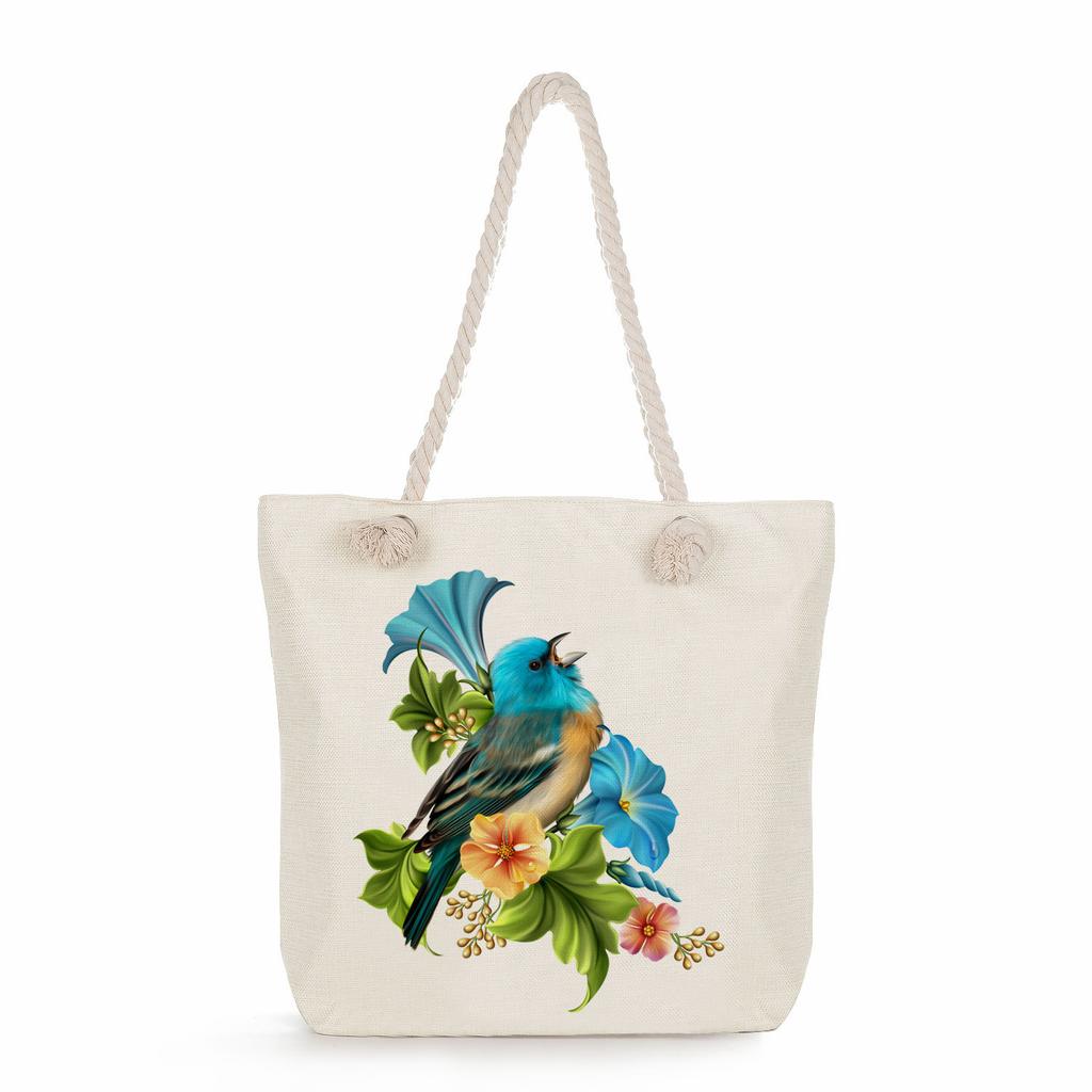 Bird print thick rope single-shoulder beach bag 7251 CLE