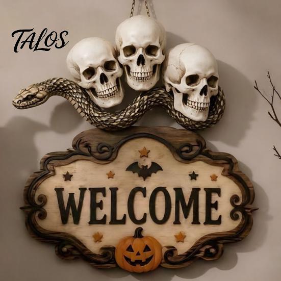 Haunted House Supplies Halloween Wooden Welcome Sign, Spooky Skull Frog Crow Witch Door Hanger, Hanging Plaque 2D Wall Sign for Home Party Decor