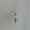 Detailed Gothic Punk Bat Wing and Heart Crosses Pendant Necklace Crafted from Alloy for Long Time Use