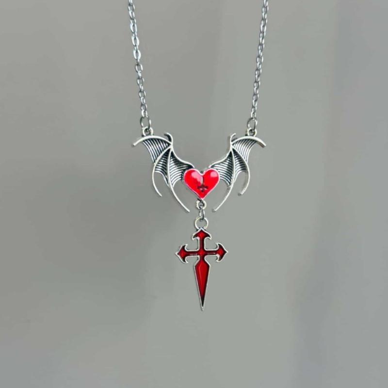 Detailed Gothic Punk Bat Wing and Heart Crosses Pendant Necklace Crafted from Alloy for Long Time Use