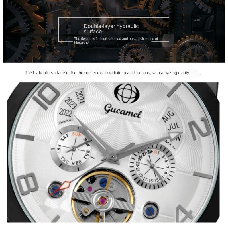 GUCAMEL Herren-Mechanikuhr, Tourbillon-Gürtel, Business-Mechanische Uhr, Ewiger Kalender, Herrenuhr