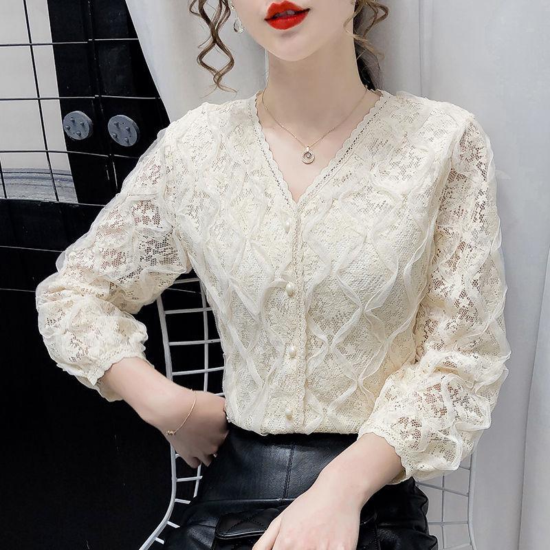 

Women s Stylish Korean Lace Shirt - Slim Fit Long Sleeve Top for Autumn 2022 Medium