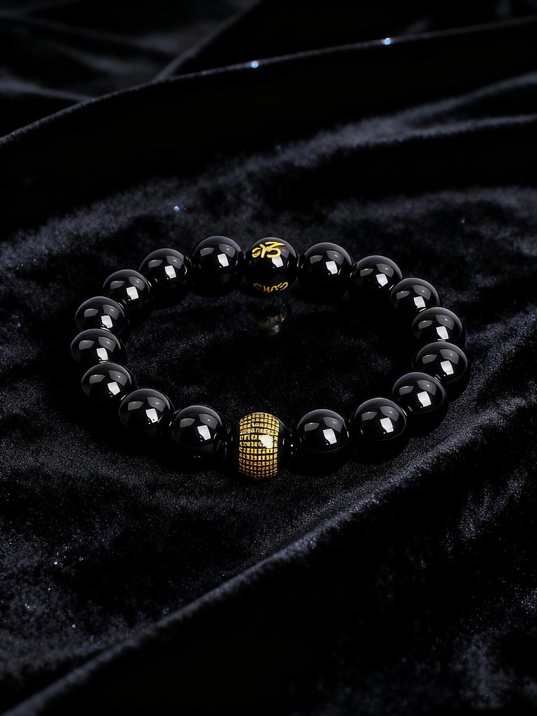 Onyx Beads Protection & Vigour Buddhist Bracelet Heart Sutra Six True Words Natural Stone Prayer Beads for Men Calmness Jewelry