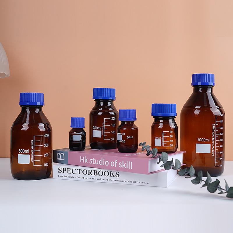 Blue Cap Transparent Glass Reagent Bottle with Scale, Brown Round Sampling Bottle