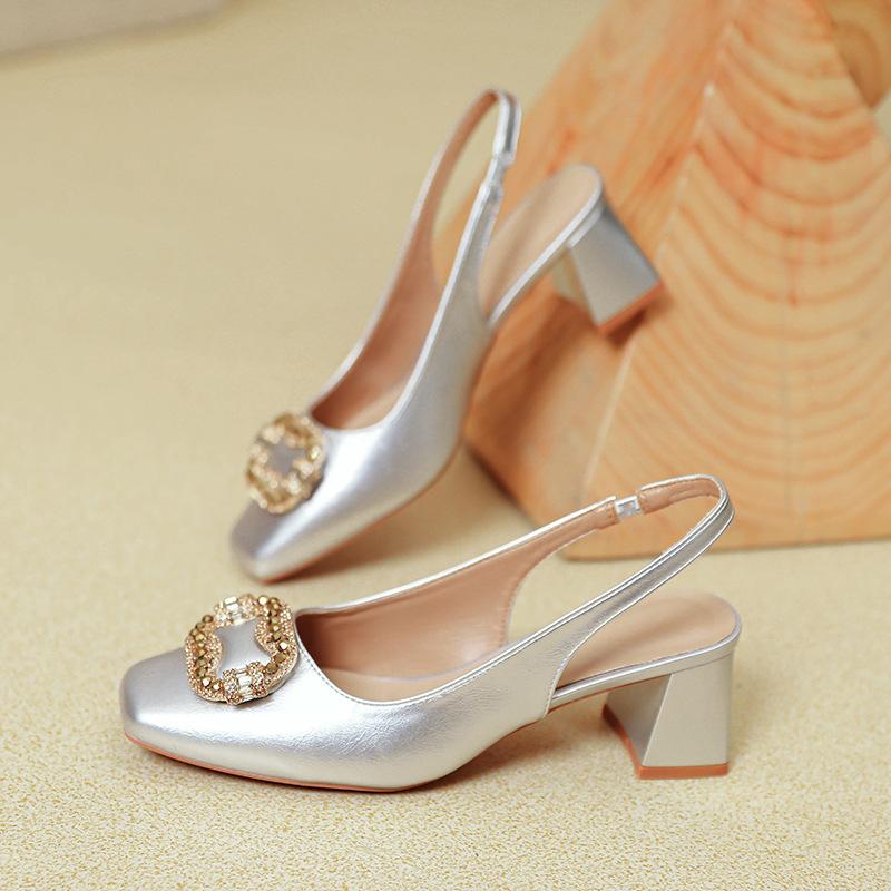 Baotou Sandals Women's Summer 2025 New One-word with Silver High Heels, Not Tired of Square Feet, Medium Thick Heels, Single Shoes