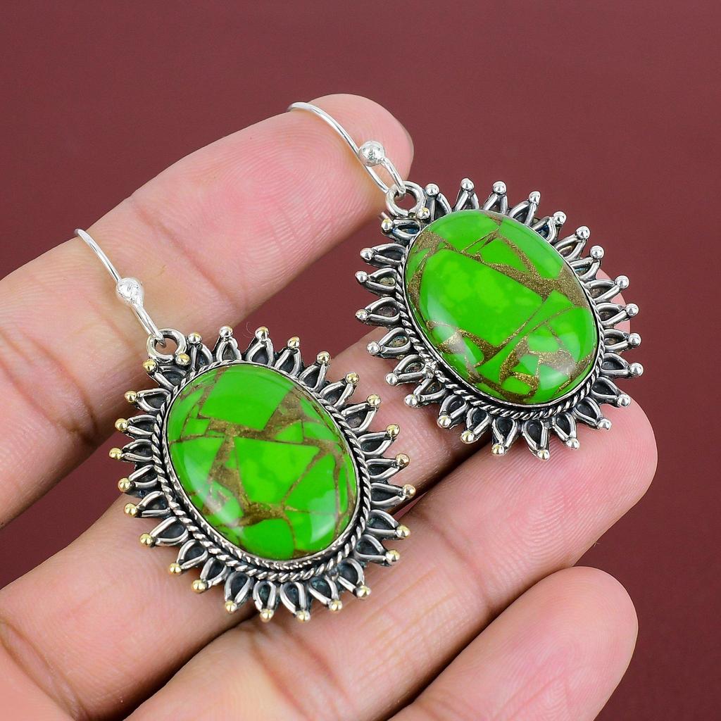 Copper Green Turquoise Earring Genuine Gemstone Earrings 925 Sterling Silver Earrings Green Turquoise Jewelry Gifts For Her Handmade Earring