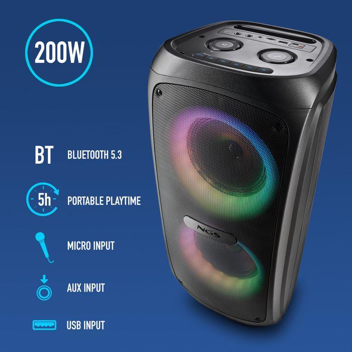 NGS WILD TEMPER: 200W portable BT/TWS, USB/AUX, LED, 5h autonomie, 2 entrées micro.