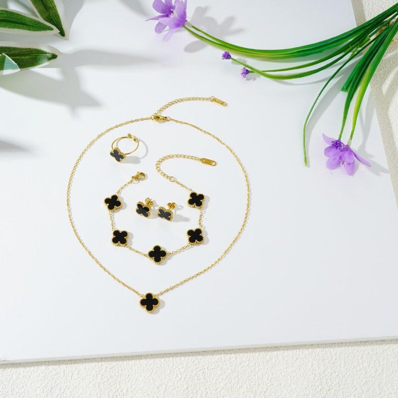 4-Piece Clover Flower Shell Jewelry Set Women - Necklace Bracelet Earrings In Titanium Steel With O-Link Chain