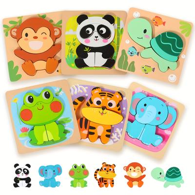 6-teiliges 3D-Holzpuzzle für Kinder – Lernspielzeug mit Tangram-Formen, Tiermotiven und Cartoon-Motiven – Kognitives Spiel – Geschenkidee zum Kindertag oder zu Ostern