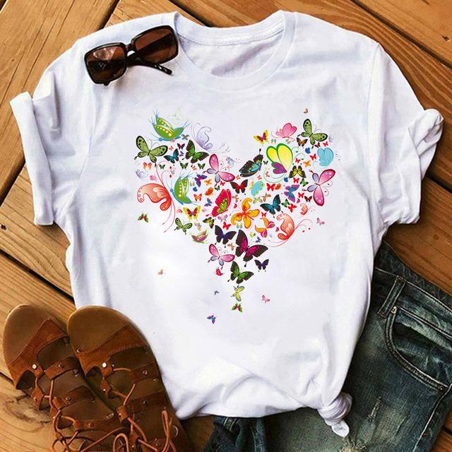 Women T Shirt Butterfly Heart Print T Shirt Female Summer Casual Cute Graphic Tee Tops Women Summer Funny Harajuku T-Shirts Tops