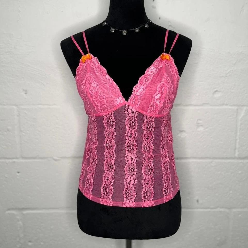 

Y2K Hot Pink Lace Cami Tank Top with Bows Size S/M S