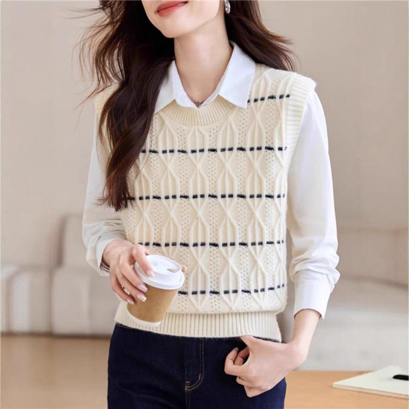 Vestă cu dungi de toamnă și iarnă pentru femei, pulover fără mâneci, pulover, vestă, modă, cămașă nouă, top stratificat