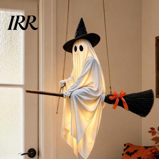 Playful Ghost Face Decoration Halloween Hanging Outdoor Decoration, Spooky LED Light Up Witch with Orange Bow Accents on Broom for Home, Tree, Porch,