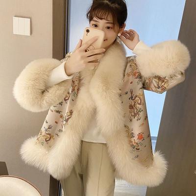 Women's Chinese-style Long Imitation Fox Fur Coat with Satin and Beaded Cape Winter