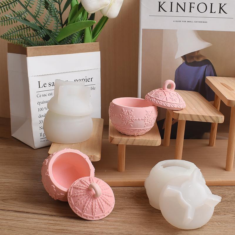 Christmas Round Ball Jar Silicone Mold With Lids Diy Handmade Concrete Relief Snows Berry Scented Candle Vessel Molds Xmas Decor