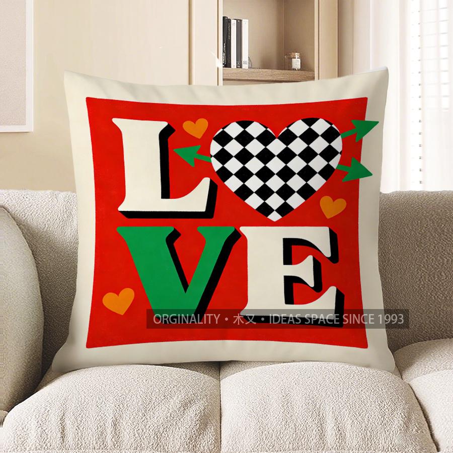 2D Checkered Heart & Love Throw Pillow Cover Pattern Cushion Cover Suitable For Sofa Bedroom Car Pillow Cover