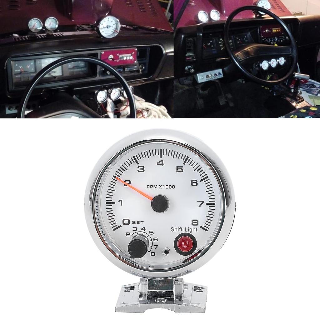 Tachometer 12V for 4/6/8 Cylinder Gasoline Vehicles, 0-8000 RPM, 3.75in, 7 Color Background Lights, Chrome Bracket, White Face