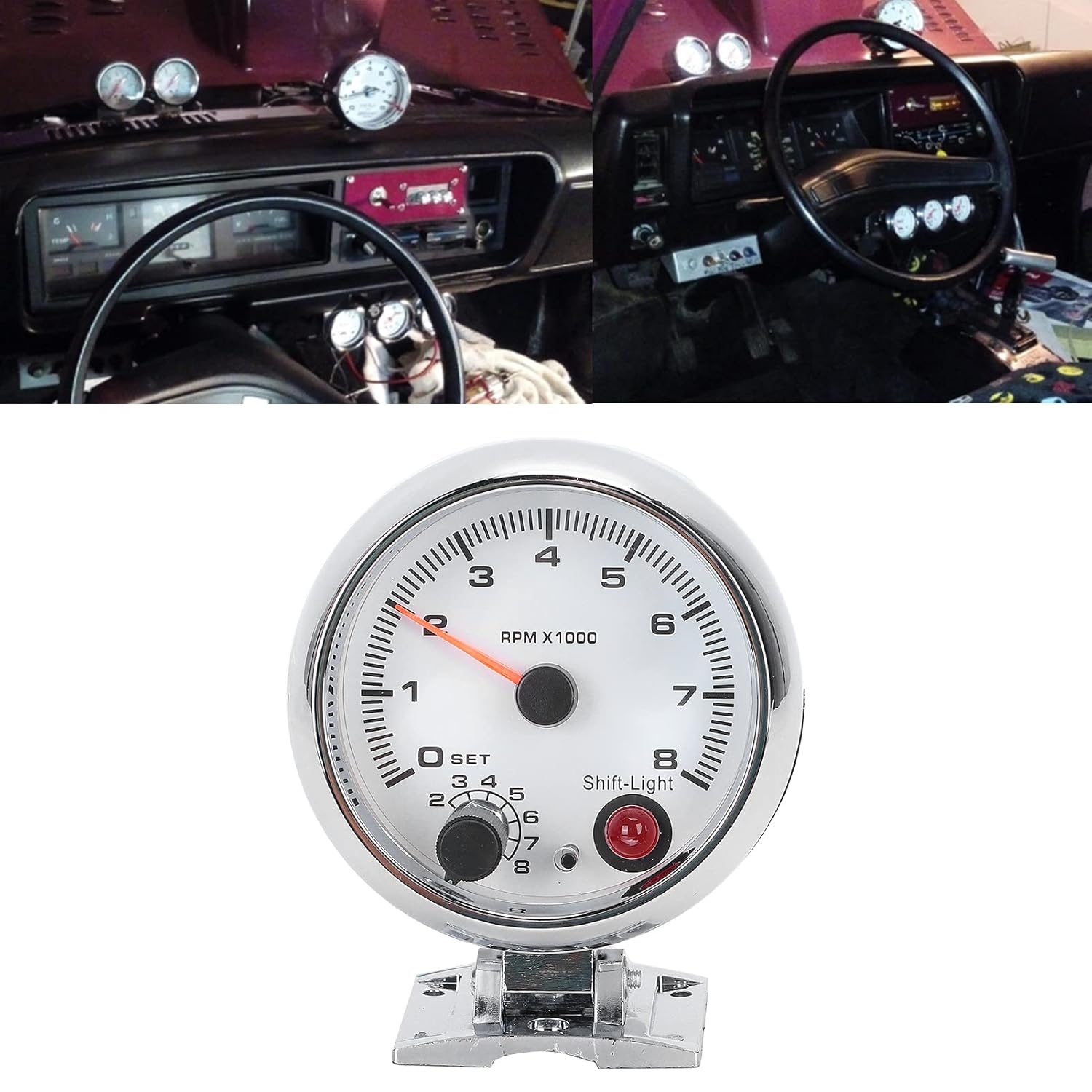 Car Tachometer Kit, DC 12V Professional Metal Tachometer 3.75in 0‑8000 RPM 7 Color Background Lights Tacho Gauge for 4/6/8 Cylinder 12V Gasoline