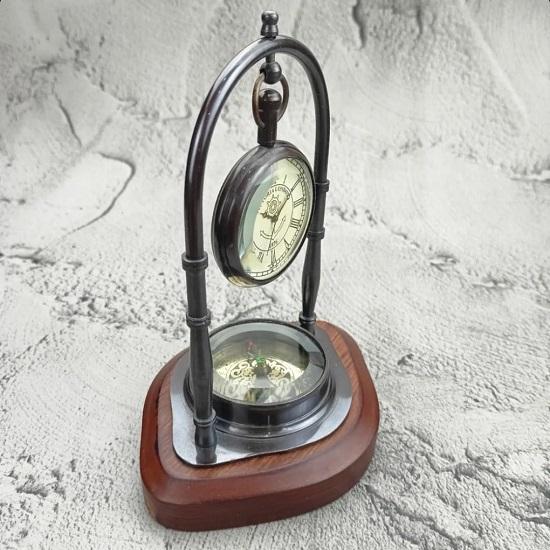Table Clock with Wooden Compass Stand Exim Décor Hanging Clock Ship Brass Compass with  Victoria London Pocket Watch Finish