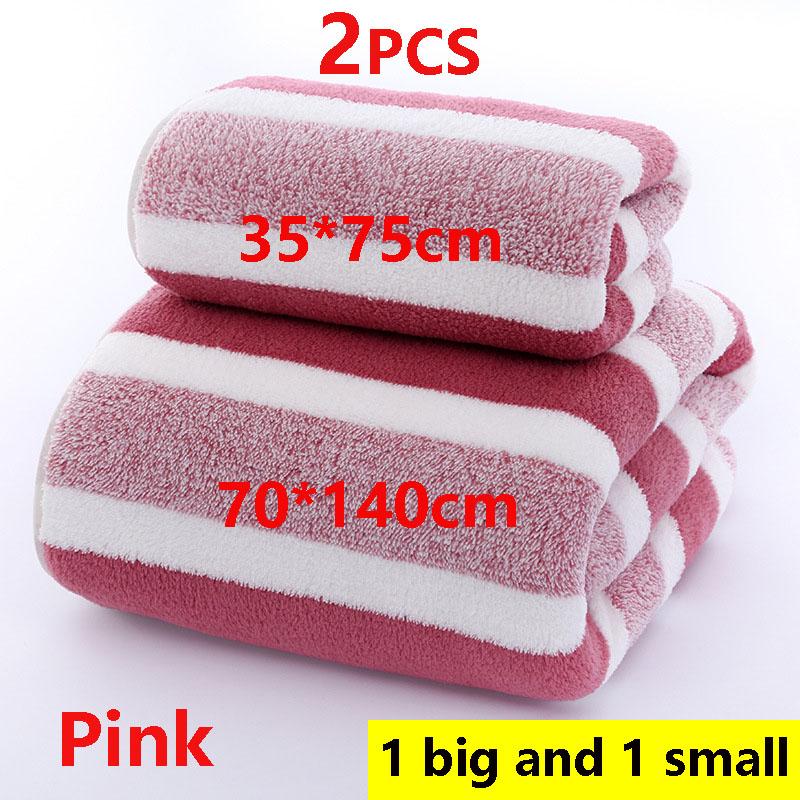 2PCS Bath Towel Striped Pattern Thickened Absorbent Towel Set Soft Face Towel for Home Bathroom Spa Quick Drying Microfiber
