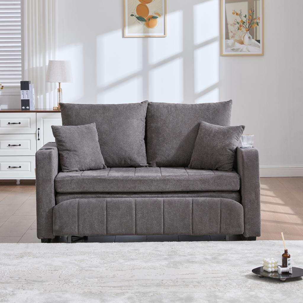 Multifunctional Fabric Sofa, Pull-Out Folding Sofa, With Storage Pockets On Armrests, USB Charging Function And Drink Holders (Grey Chenille Fabric)