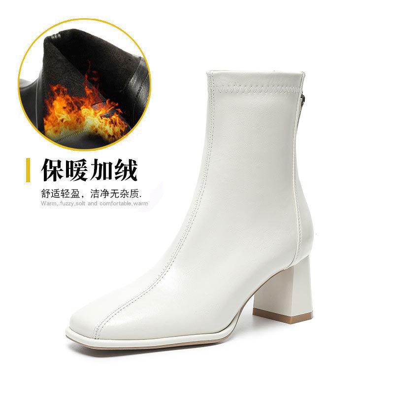 

Thick heel short boots women s spring and autumn single boots 2024 new medium tube white boots square head thin boots French high heel leather boots 39