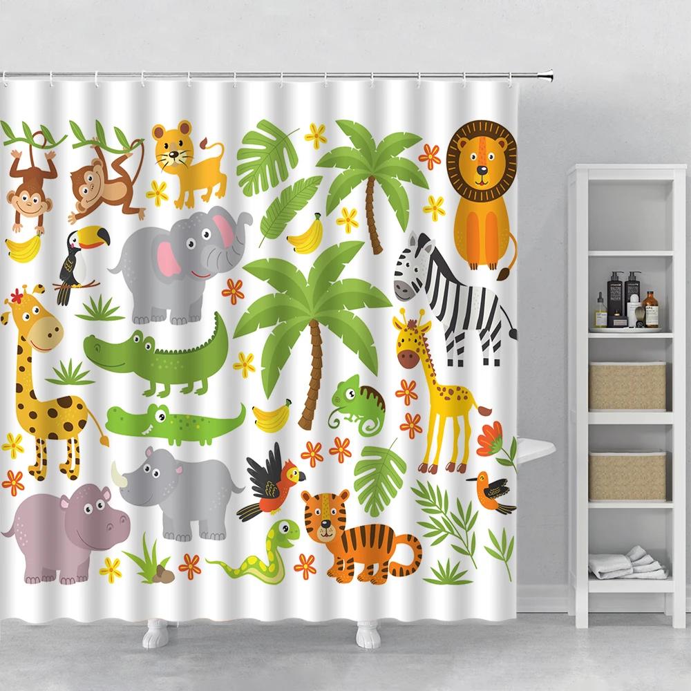 Cartoon Shower Curtain Cute Dolphin Fish Animal Zoo Giraffe Tiger Printing Bathroom Curtains Kids Room Decor Curtain with Hooks
