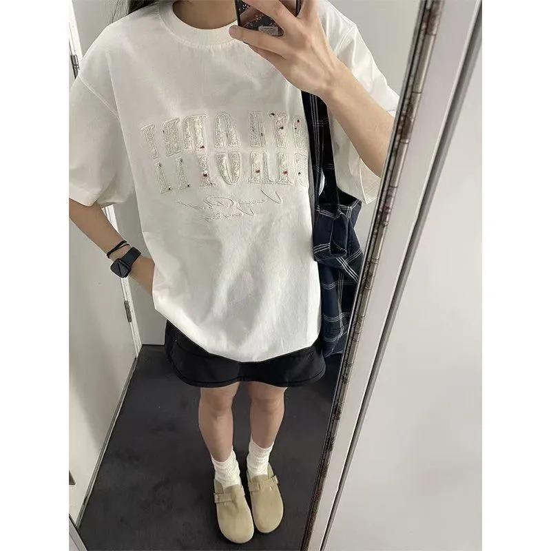 White Embroidered Letter Design Short-sleeved T-shirt for Women in Summer American High Street Loose Lazy Style Pure Cotton Top Trendy M белый
