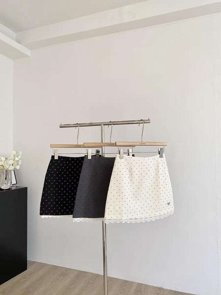 Polka Dot Lace Trim A-Line Midi Skirt, Spring/Summer 2025 Fashion, Petite High-Waist Hip-Hugging Fit