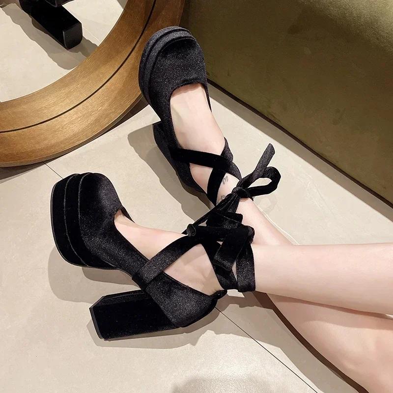 High Heel Round Head Leggings Lace Up Women's High Heel Shoes 2024 Hot Selling High Quality Elegant Women's Shoes