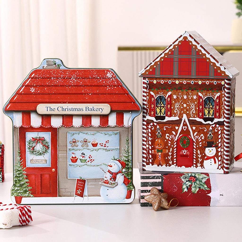 Festive Christmas House Shaped Tin Box Holiday Decorative Metal Container For Holiday Decor And Candy Storage Organizer