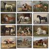 Vintage Dogs Canvas Painting Antique Equestrian Horse Animal Moody Rustic Poster Print Wall Art  Farmhouse Home Decor