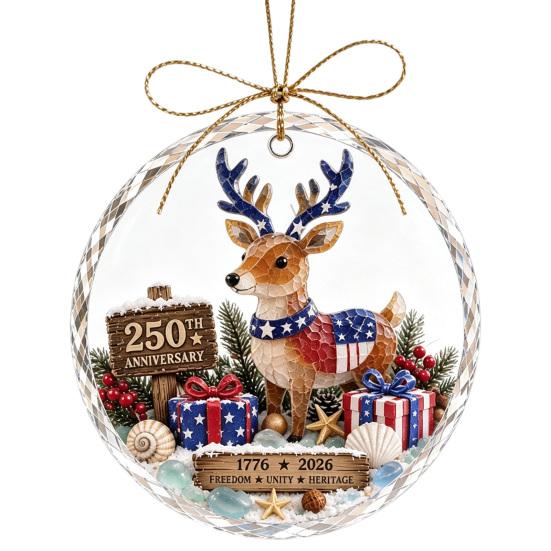 Xmas Tree Hanging Accessory 250 Anniversary USA Sea Glass Christmas Ornament, 1776-2026 Patriotic Faux Crystal Commemorative Keepsake Gift Clear