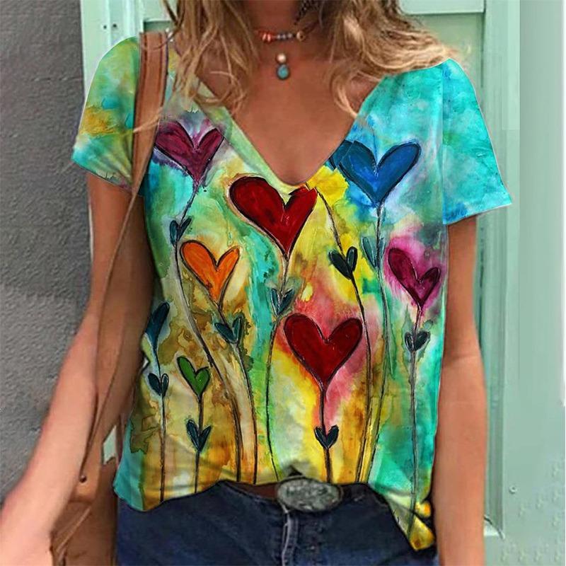 Colorful Heart 3D Print T Shirt Women Retro Short Sleeve V-Neck T-shirts Y2k Top Harajuku Streetwear Oversized Tee Girls Clothes