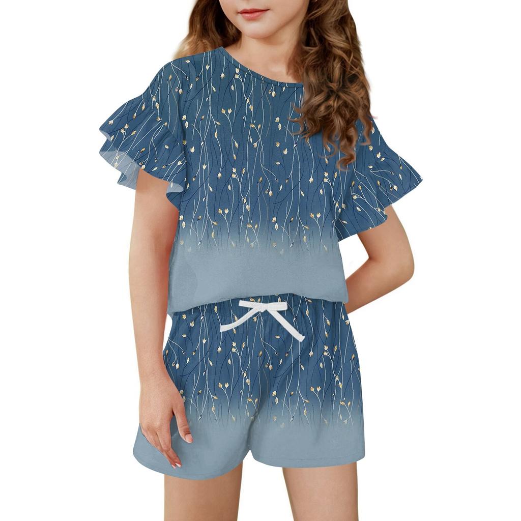 Girls' Summer Outfit Ruffle Sleeve Top And Shorts Clothing Set Lightweight Casual Two Piece