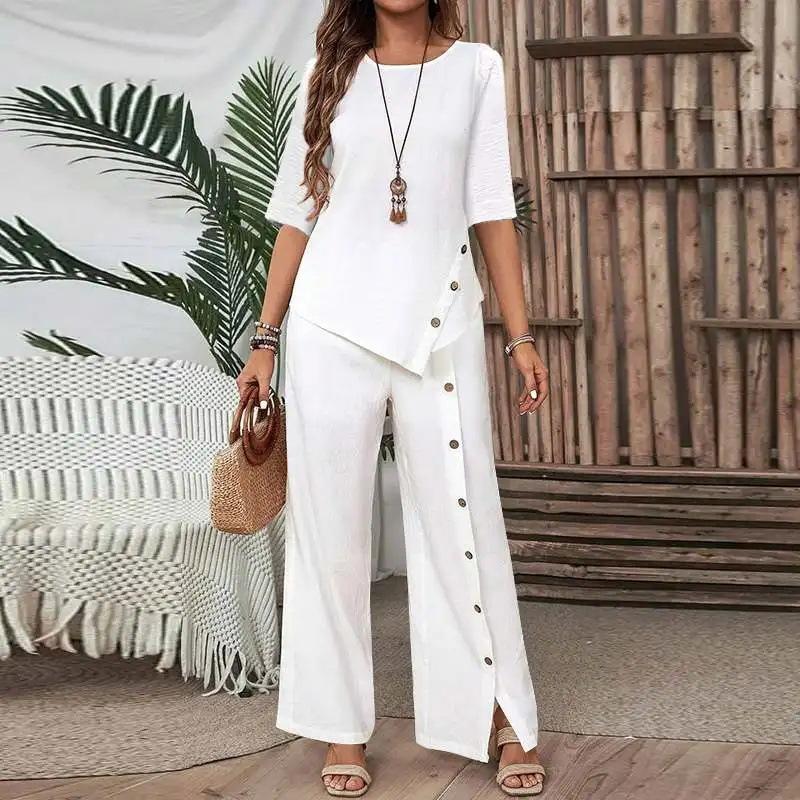 Women's White Asymmetrical Top and Wide Leg Pants Set