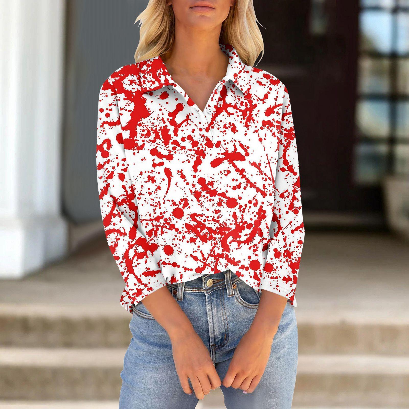 

Женская футболка с рукавами семь четвертей, V-образным вырезом, застегивающаяся на пуговицы, с принтом свободного кроя на Хэллоуин XXXL винный