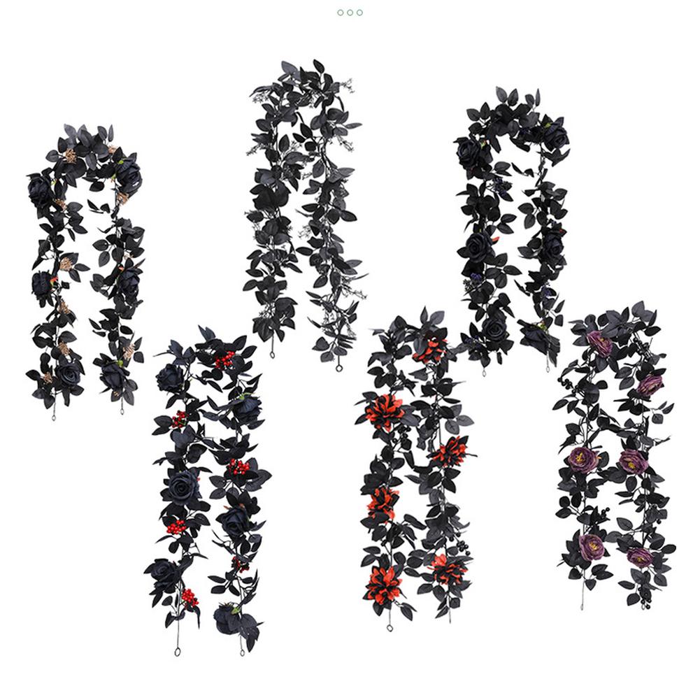 Halloween Garland, Artificial Rose Vine, Handmade Black Leaves, Reusable Odorless Halloween Hanging Rose Flower Garland For Wedding Party Table Center